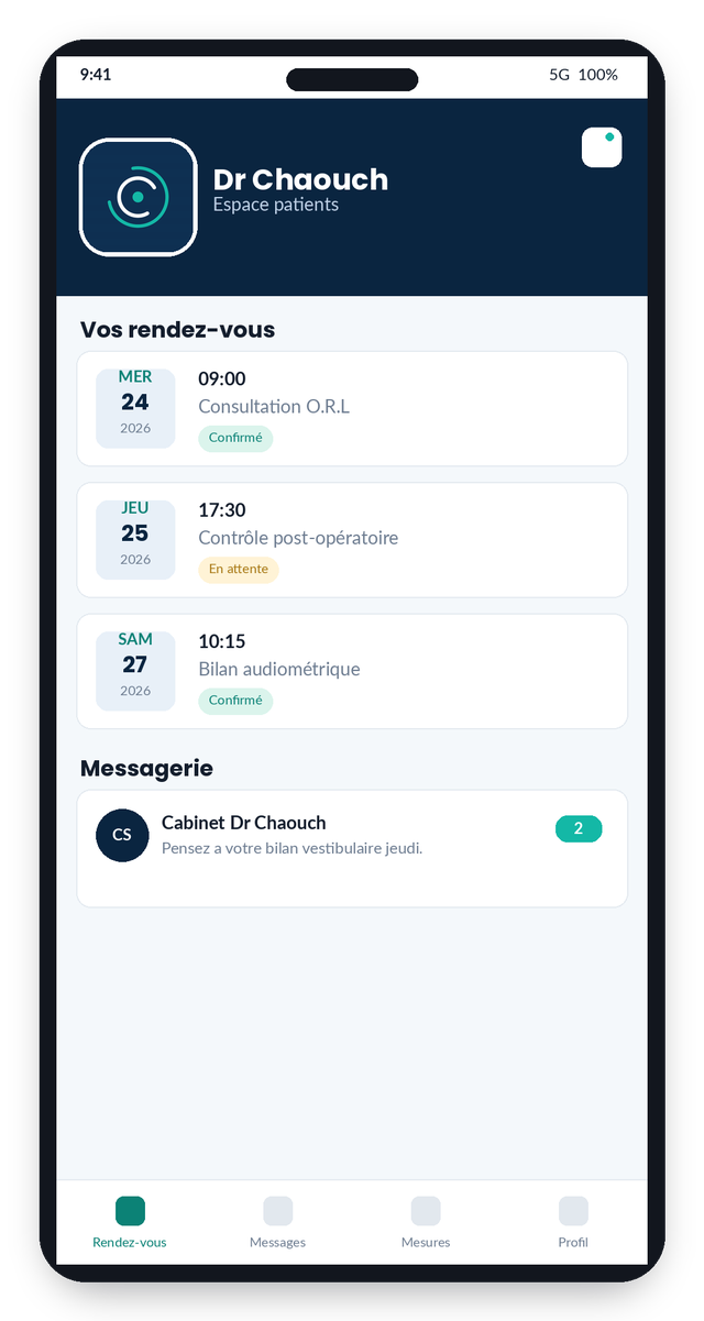 Aperçu de l'application Dr Chaouch — Espace patients